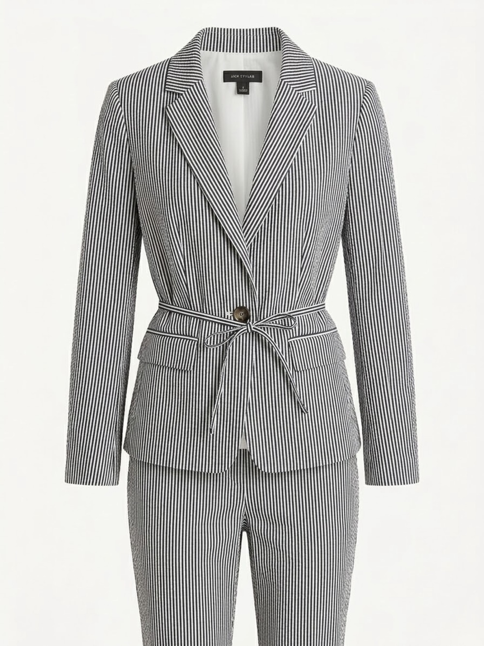 Ann Taylor Devin Fit Navy & White Seersucker Suit Set - Blazer Sz 4 + Pants Sz 6